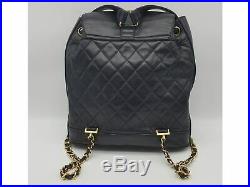 100%Auth CHANEL CC Lambskin Black Backpack Quilted Drawstring Gold Vintage Large