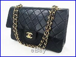 100%Auth CHANEL Vintage Flap Bag Chain 2.55 Black Gold Classic Quilted 25cm