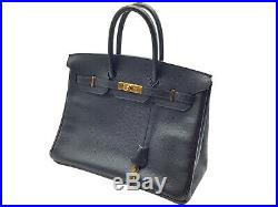 100%Auth HERMES Birkin 35 Vintage Hand Tote Bag Black Gold Ardennes Leather