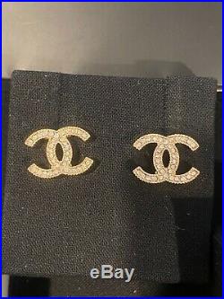 100% Authentic Chanel Gold Tone Dore Classic CC Strass Crystal Studs Earrings