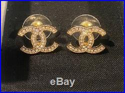 100% Authentic Chanel Gold Tone Dore Classic CC Strass Crystal Studs Earrings