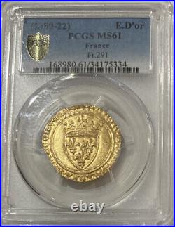 1380-22 France Charles VI Ecu Gold Coin! Pcgs Ms-61! Reduced Sale Price