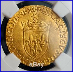 1547, Royal France, Francis I. Beautiful Gold Ecu (with Sun) Coin. NGC MS-61