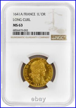 1641-A, (1L'or), France, NGC MS63, Louis XIII Gold Louis d'Or, Long Curl