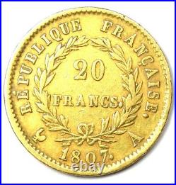 1807 France Gold Napoleon 20 Francs Coin G20F XF Details (EF) Rare