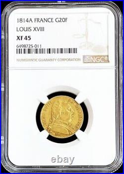 1814 A Gold France 20 Francs King Louis XVIII Coin Ngc Extremely Fine 45