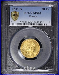 1824-A France Gold 20 Franc PCGS MS 62 Louis XVIII