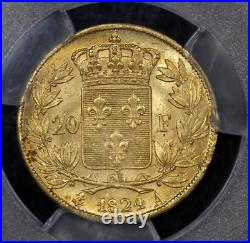 1824-A France Louis XVIII Gold 20 Franc PCGS MS 62