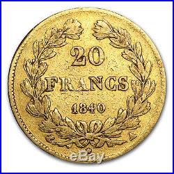 1830-1848 France Gold 20 Francs Louis Philippe I Avg Circ SKU #56661