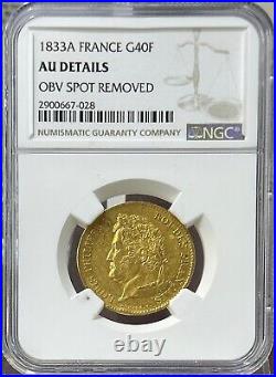 1833 A France Louis Philippe Gold 40 Francs Au Details Obv Spot Removed Ngc #415