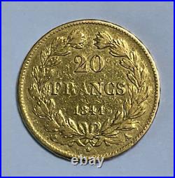 1841 A France 20 Francs, Louise-Phillipe Gold Coin, 90% Gold, 0.1867 oz AGW