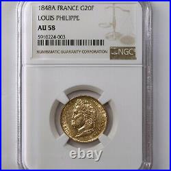 1848A France G20F Louis Philippe NGC Certified AU58