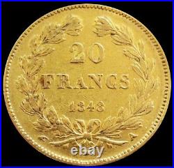 1848 A Gold France 20 Francs 6.45 Grams Louis Philippe Coin Xf Condition