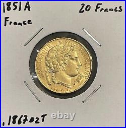 1851 A France 20 Francs XF Extremely Fine