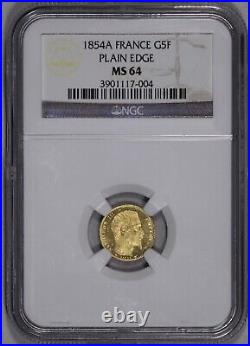 1854 A France Gold 5F NGC MS 64 Plain Edge Five Francs