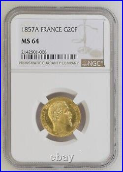 1857-A France 20 Francs Gold Coin NGC MS 64