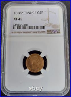 1858 A France G5F Gold 5 Francs NGC XF 45 Only 12 Graded Higher