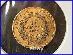 1859 10 Francs Bb Gold Coin Napoleon 3rd French Empire Gold