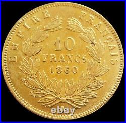1860 A Gold France 10 Francs 3.225 Grams Napoleon III Coin Paris Mint Au / Unc