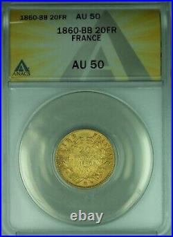 1860-BB France Gold 20 Francs Coin ANACS AU-50 (DW)