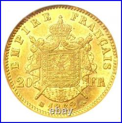 1862-BB France Napoleon III Gold 20 Francs Coin G20F Certified NGC AU55 Rare