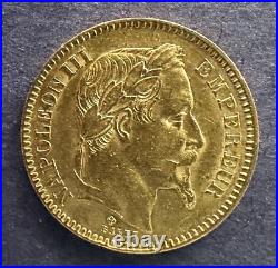 1862 France 20 Francs Gold Coin, AU, Napoleon III, KM #801