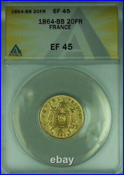 1864-BB France 20 Francs Gold Coin of Napoleon III ANACS EF-45