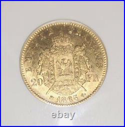 1865-BB France 20 Francs Gold Coin ANACS AU-40 EF Cleaned
