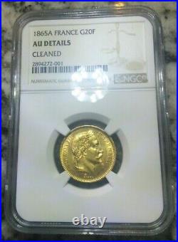 1865 France Gold Coin 20 Francs Napoleon III AU DETAILS