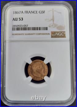 1867 A France G5F Gold 5 Francs NGC AU 53 Rare Low Mintage