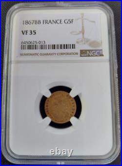 1867 BB France G5F Gold 5 Francs NGC VF 35 Only 11 Graded Higher
