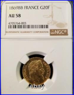 1869 Bb France Gold 20 Francs Ngc Au 58 Nice Bright Coin