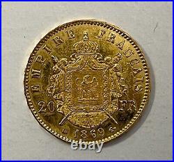 1869 Napoleon III Empereur Empire Francais Gold France 20 FR Francs Coin Barre