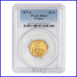 1877-A 20 FR Angel PCGS MS64 French Gold 20 Francs Gem graded Paris France coin