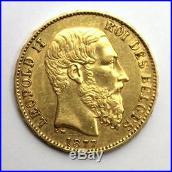1877 BELGIUM Gold Coin Leopold II 20 FR Francs Position A 6.45 grams Finer Beard