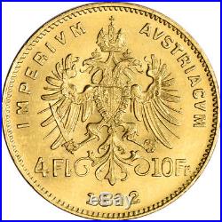 1892 Austria Gold 4 Florin 10 Francs. 0933 oz Franz Joseph I AU Restrike