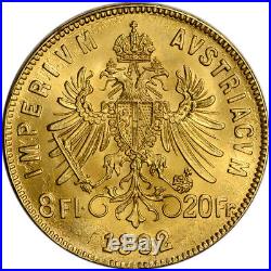 1892 Austria Gold 8 Florin/20 Francs. 1867 oz Franz Joseph I AU Restrike