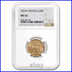 1893-A France Gold 20 Francs Angel MS-63 NGC SKU#241649