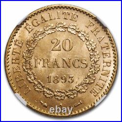 1893-A France Gold 20 Francs Angel MS-63 NGC SKU#241649