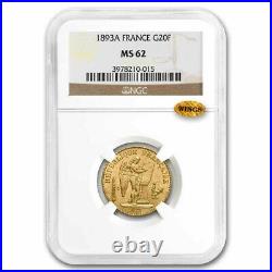 1893-A France Gold 20 Francs Lucky Angel MS-62 SKU#241654