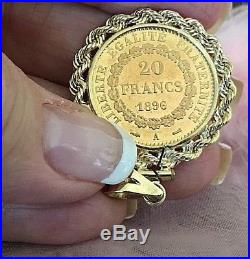 1896 LUCKY ANGEL 20 FRANC GOLD COIN PENDANT With SOLID 14K YG ROPE BEZEL NO CHAIN