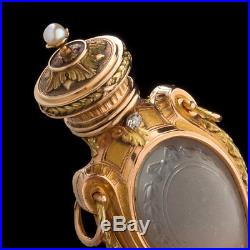 18k Gold Scent Bottle Diamond Pearl Glass Pendant Perfume France c. 1860