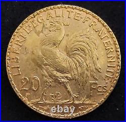1902 French 20 Gold Francs Rooster Coin AU
