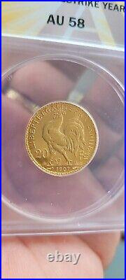 1907 France Gold 20 Francs Rooster Anacs AU58