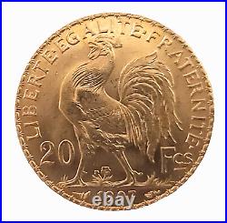 1907 French 20 Gold Franc Marianne Rooster Coin Bu