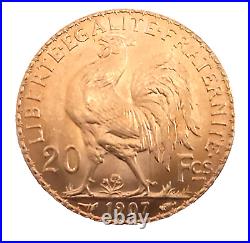 1907 French 20 Gold Franc Marianne Rooster Coin Bu