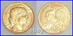 1909 Republic of France Gold Coin Twenty Francs Proud Rooster About Uncirculated