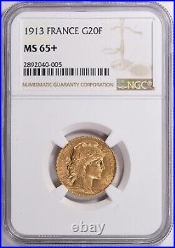 1913 Gold 20 Francs NGC MS 65+ Marianne & Rooster Gad-1064a France AGW 0.1867 oz