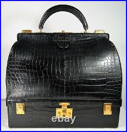 1950's-60's Hermès Black Crocodile Sac Mallette Doctor Bag withJewelry Compartment