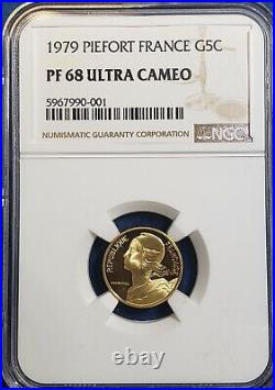 1979 France Piefort Proof Gold 5 Centimes NGC PF68 UC Rare, Only 300 Minted